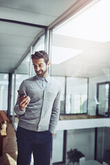 Aufkleber - Businessman, phone and hand in office and standing for email, communication with technology at job. Male person, mobile and holding at workplace with smile for contact, online or connected for career