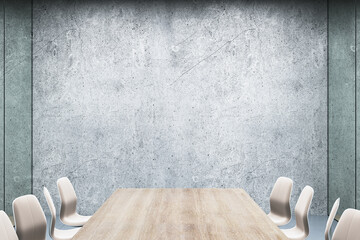 Aufkleber - Modern concrete meeting room interior with wooden desk and mock up place on wall. 3D Rendering.