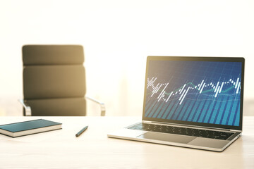 Poster - Modern computer monitor with abstract creative financial chart, research and strategy concept. 3D Rendering