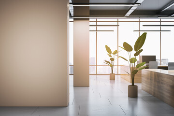 Poster - Contemporary wooden and concrete coworking office interior with empty mock up place on wall, decorative plants, furniture and panoramic windows with city view. 3D Rendering.