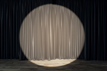 Aufkleber - Spotlight on taupe curtains against a dark backdrop, theatrical stage setting. 3D Rendering