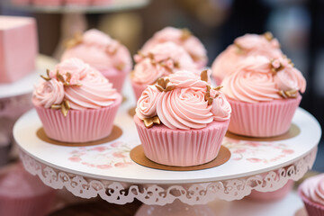 Elegant wedding cupcakes with pink frosting with golden decor