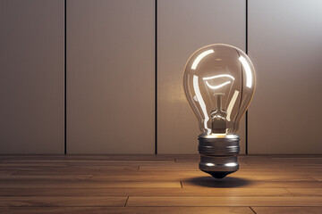 Poster - Creative glowing light bulb in interior with mock up place on white wall. Idea, innovation and ad abstract ad concept. 3D Rendering.