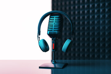 Poster - Abstract image with mic and mock up place on blue background. Podcast ad and voiceover concept. 3D Rendering.