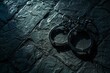 Handcuffs placed on a dark textured surface, copy space, close up