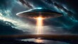 UFO landet mit strahlenden Landelicht auf der Erde