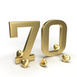 Gold number 70, seventy with hearts around it. Idea for Valentine's Day, wedding anniversary or sale. 3d rendering