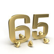 Gold number 65, sixty five with hearts around it. Idea for Valentine's Day, wedding anniversary or sale. 3d rendering