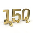 Gold number 150, one hundred and fifty with hearts around it. Idea for Valentine's Day, wedding anniversary or sale. 3d rendering