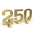 Gold number 250, two hundred and fifty with hearts around it. Idea for Valentine's Day, wedding anniversary or sale. 3d rendering