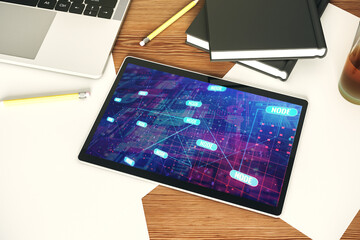 Aufkleber - Abstract creative coding illustration on modern digital tablet display, software development concept. Top view. 3D Rendering