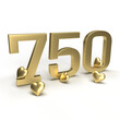 Gold number 750, seven hundred and fifty with hearts around it. Idea for Valentine's Day, wedding anniversary or sale. 3d rendering