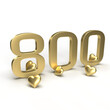 Gold number 800, eight hundred with hearts around it. Idea for Valentine's Day, wedding anniversary or sale. 3d rendering