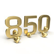 Gold number 850, eight hundred and fifty with hearts around it. Idea for Valentine's Day, wedding anniversary or sale. 3d rendering