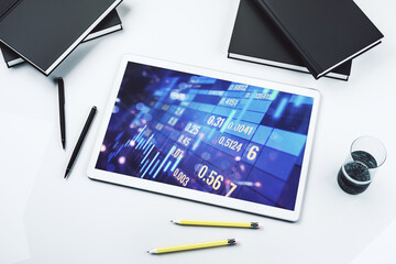 Poster - Digital tablet with abstract financial graph, finance and trading concept. Top view. 3D Rendering