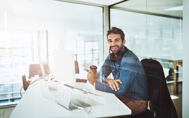 Poster - Man, technology and office portrait with coffee, lens flare and startup business. Morning light, entrepreneur face and creative job by desk with computer, reading email and online work for web design