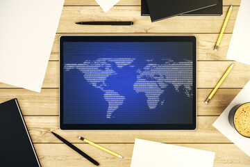Poster - Abstract graphic world map on modern digital tablet screen, connection and communication concept. Top view. 3D Rendering
