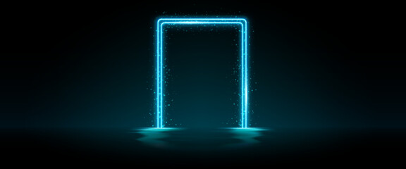 Poster - blue neon door frame with sparkles and reflections on water surface. realistic 3d vector illustratio