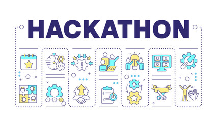 Wall Mural - Hackathon word concept isolated on white. Tech event organization. Teamwork and collaboration. Creative illustration banner surrounded by editable line colorful icons. Hubot Sans font used