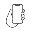 simple outline of hand holding smartphone. vector illustration
