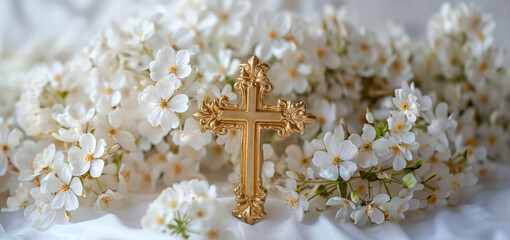 Wall Mural - A gold cross is placed on top of a bed of white flowers