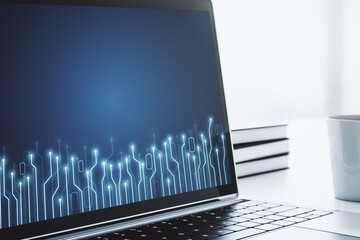 Poster - Creative concept of microscheme illustration on modern laptop screen. Big data and database concept. 3D Rendering
