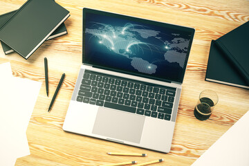 Aufkleber - Modern computer monitor with abstract digital world map with connections, research and strategy concept. 3D Rendering