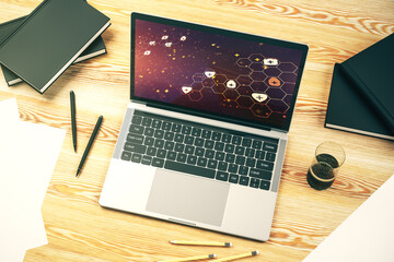 Poster - Creative abstract medical hologram on modern computer monitor, online medical consulting concept. 3D Rendering