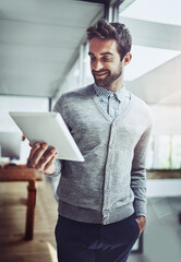 Poster - Research, smile and tablet with business man in office for information, planning or reading online. Email, schedule and software with happy young employee using technology to search internet
