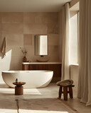 Fototapeta Do pokoju - Bathroom with bathtub, sink, mirror, stool, and hardwood flooring