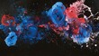 the beauty of acrylic art as vibrant blue and red colors disperse gracefully in water, mingling to create mesmerizing ink blots and abstract patterns set against a rich black background, 