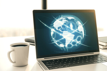 Poster - Social network media concept with world map on modern computer monitor. 3D Rendering
