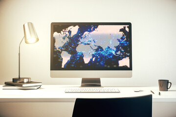 Aufkleber - Modern computer screen with abstract creative digital world map, research and analytics concept. 3D Rendering
