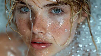 A closeup portrait of a blond woman with water streaming down her face as she showers, captured in a serene, contemplative mood