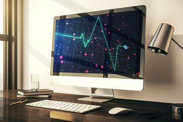 Poster - Creative abstract heart pulse hologram on modern computer monitor, online medical consulting concept. 3D Rendering
