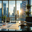 Office interior with city view laptop computer, coffee cup and supplies on desktop. 3D Rendering