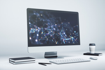 Poster - Modern computer monitor with technology desktop. Research and development software concept. 3D Rendering