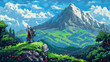2d pixel art of knight in the green mountain and hill landscape, blue sky, 16 bit, 32 bit, game art