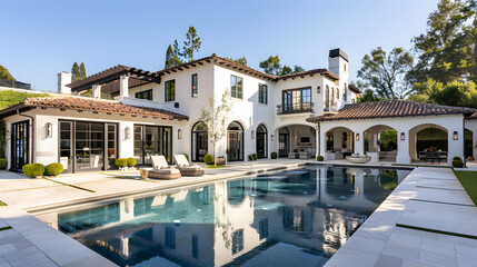 Wall Mural - A large, white Spanish-style home with an elegant swimming pool and outdoor living space in the background
