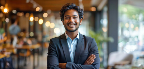 Wall Mural - A man in a suit is smiling and posing for a picture