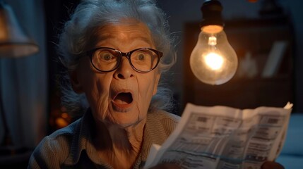 An elderly mature woman senior screams and gets angry because of the increase in utility bills for light. Negative emotion facial expression. Financial crisis bad news