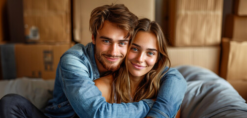 Wall Mural - A man and a woman are hugging each other on a bed