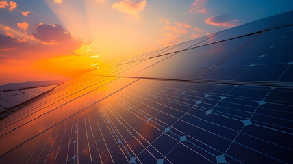 Wall Mural - Solar batteries on the roof of the house on the background of sunset