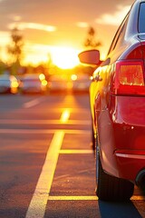 Sticker - A red car is parked in a parking lot with the sun setting in the background