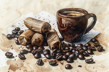 Wall Mural - A cup of coffee is on a table with a piece of paper and some coffee beans