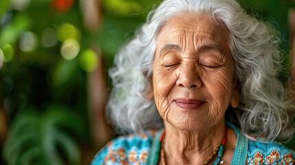 Wall Mural - A woman with white hair and a blue dress is smiling and looking at the camera