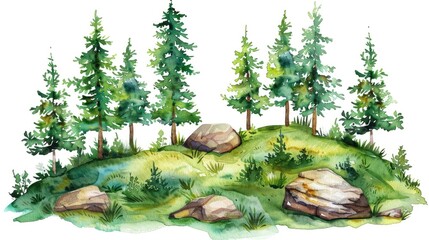 Sticker - A painting of a forest with a hill and rocks in the foreground