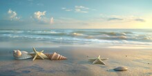 Several Seashells And Starfish Laid On The Beach As Waves Crash In The Background During A Serene Sunset