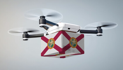 Wall Mural - Aerial view of drone delivery. A UAV transporting a box with the Florida flag, representing the cutting-edge technology in logistics.