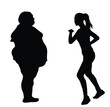 © dovla982 - Fat friends woman and fitness girl instructor vector silhouette illustration isolated. Big belly overweight female. Fit lady dancer teach big girl exercise how to losing weight activity. Health care.